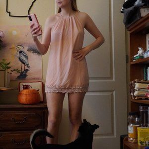 Coral Pink Shift Dress with Lace Hem